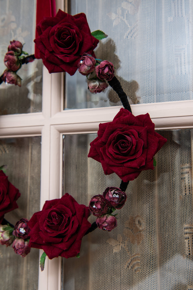 Handmade Black Velvet wreath with Burgandy red velvet flowers