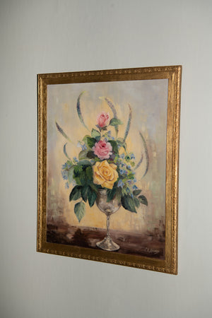 Large Antique floral oil painting in gold painted frame