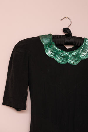 Original black crepe dress with green sequin collar