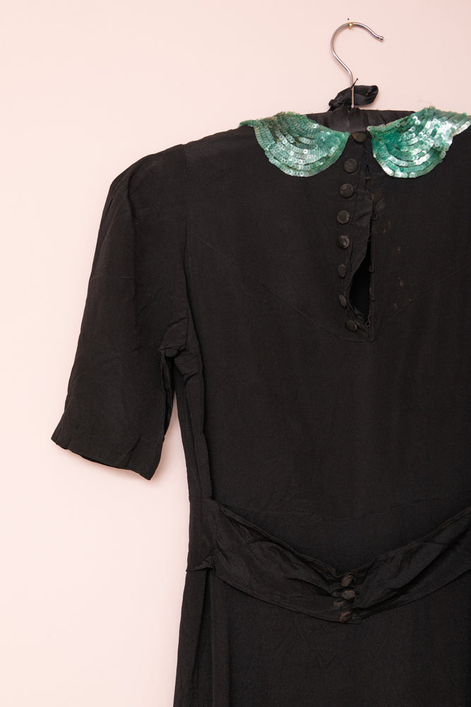 Original black crepe dress with green sequin collar