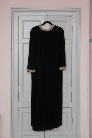 Antique black crepe maxi dress with gold and pearl collar and cuffs