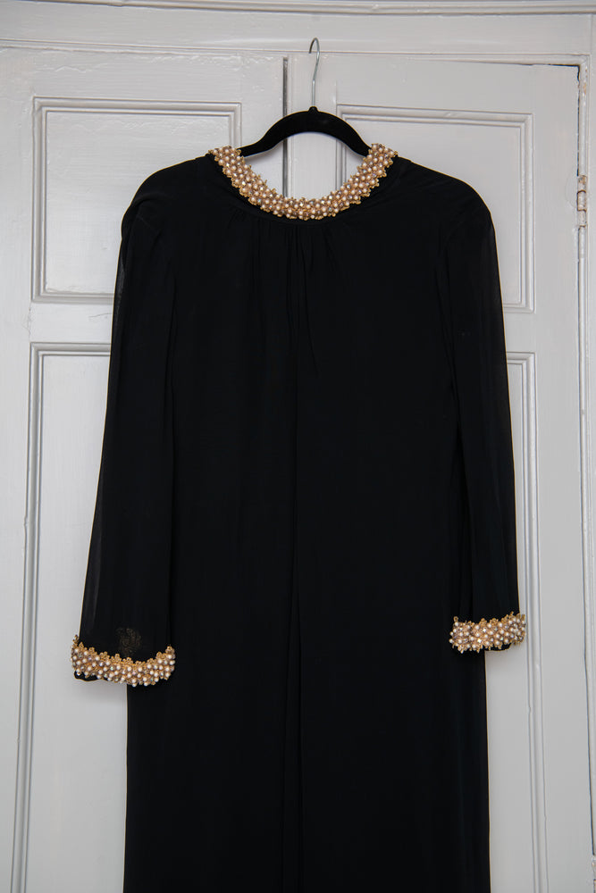 Antique black crepe maxi dress with gold and pearl collar and cuffs