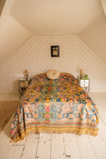 Antique french double velvet bedspread with cherubs and fringing