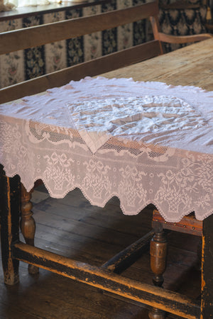 Antique pale pink cotton and lace tablecloth