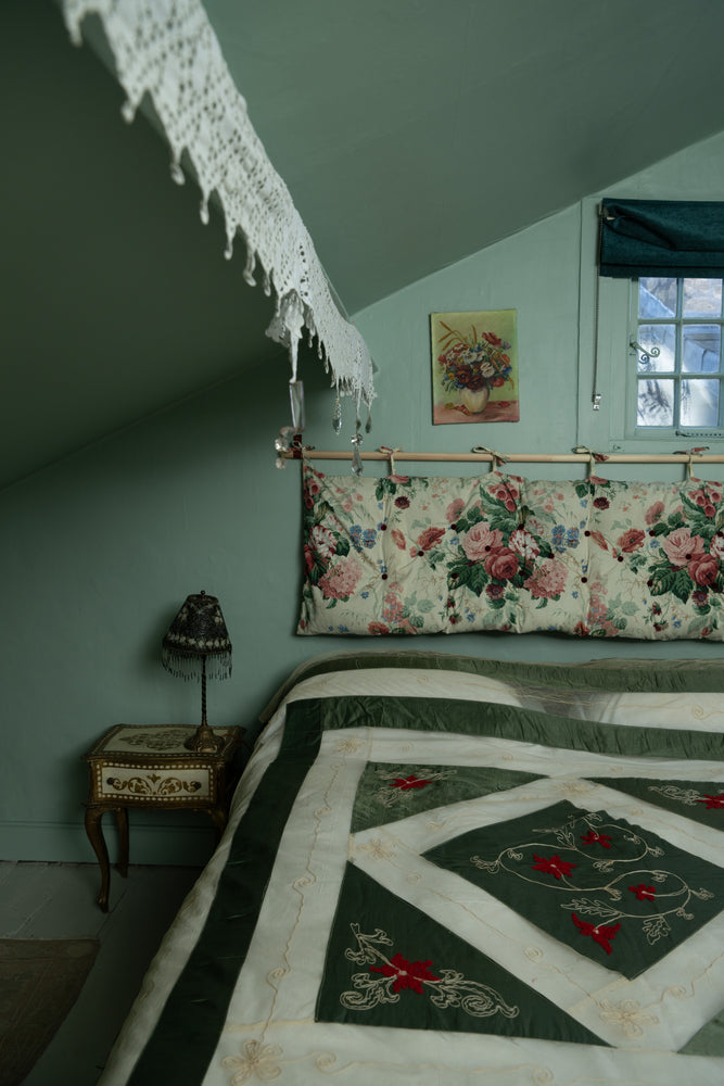 Vintage green lace and satin and ribbon superking bedspread