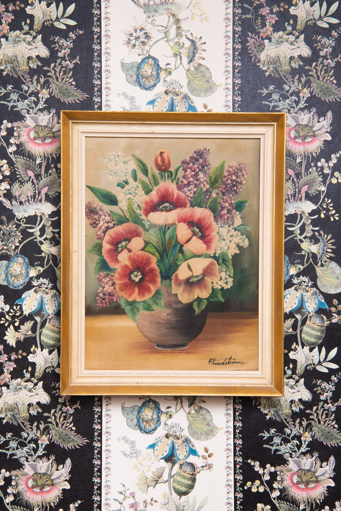 Antique floral oil painting in wooden frame