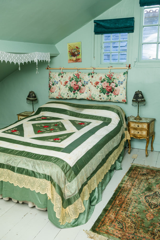 Vintage green lace and satin and ribbon superking bedspread