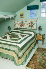 Vintage green lace and satin and ribbon superking bedspread