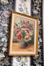 Antique floral oil painting in wooden frame