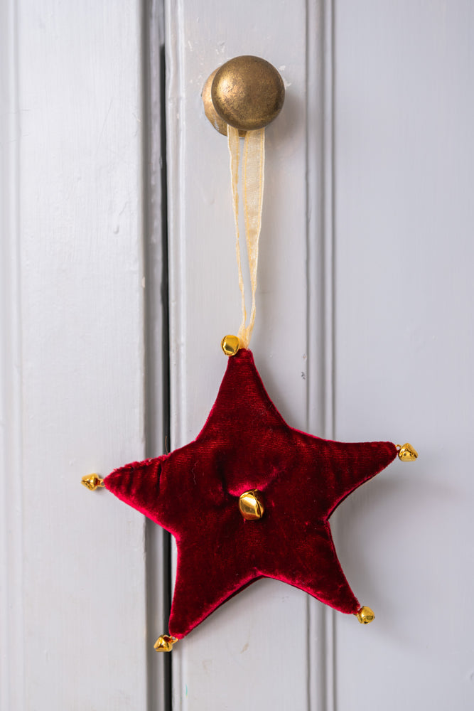 Handmade red silk velvet hanging star with gold bells