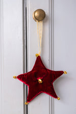 Handmade red silk velvet hanging star with gold bells