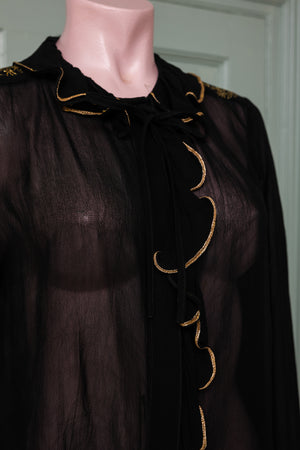vintage black see-through chiffon shirt with gold ruffle trim