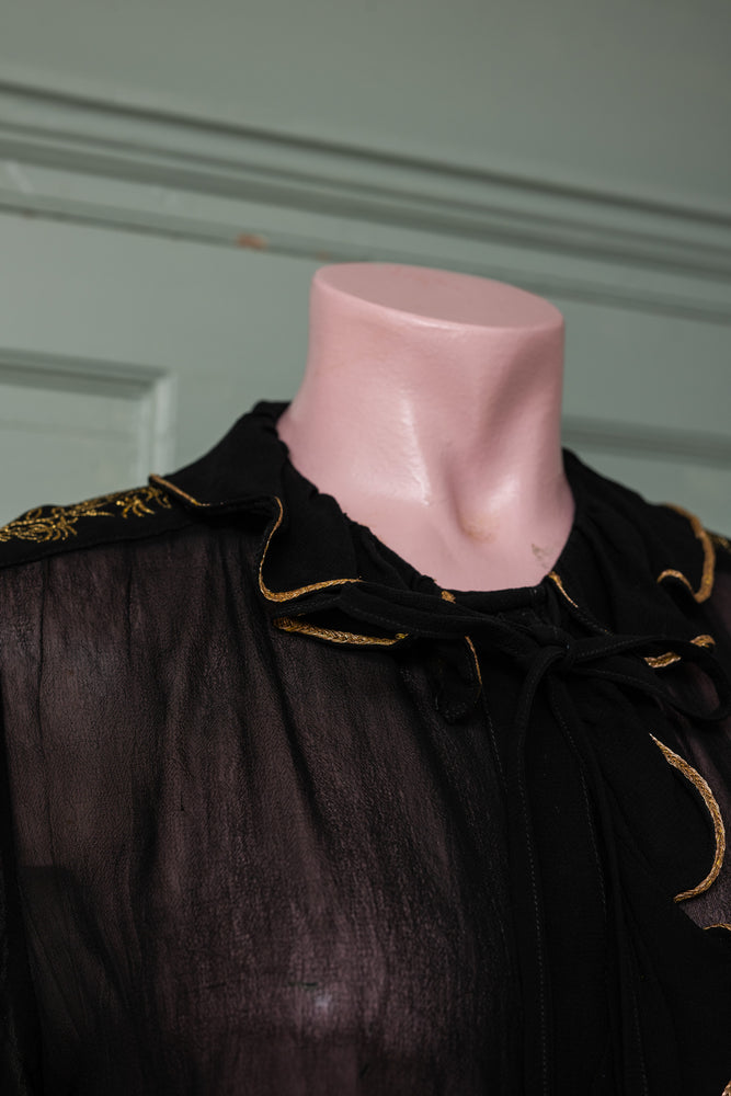 vintage black see-through chiffon shirt with gold ruffle trim