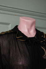 vintage black see-through chiffon shirt with gold ruffle trim