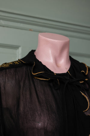 vintage black see-through chiffon shirt with gold ruffle trim