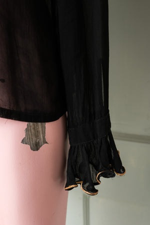 vintage black see-through chiffon shirt with gold ruffle trim