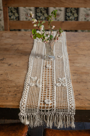 Antique French crochet fringe table runner
