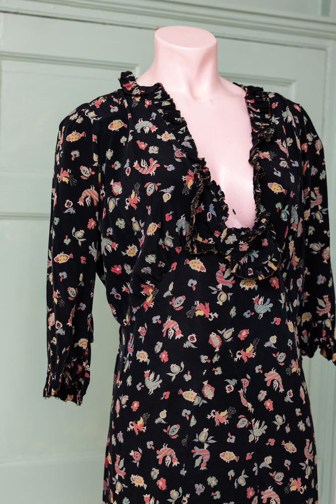Original black floral 1940s silk dress
