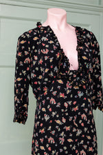 Original black floral 1940s silk dress
