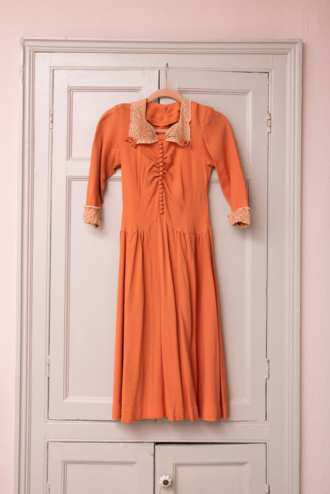 Vintage crepe dress with antique lace collar