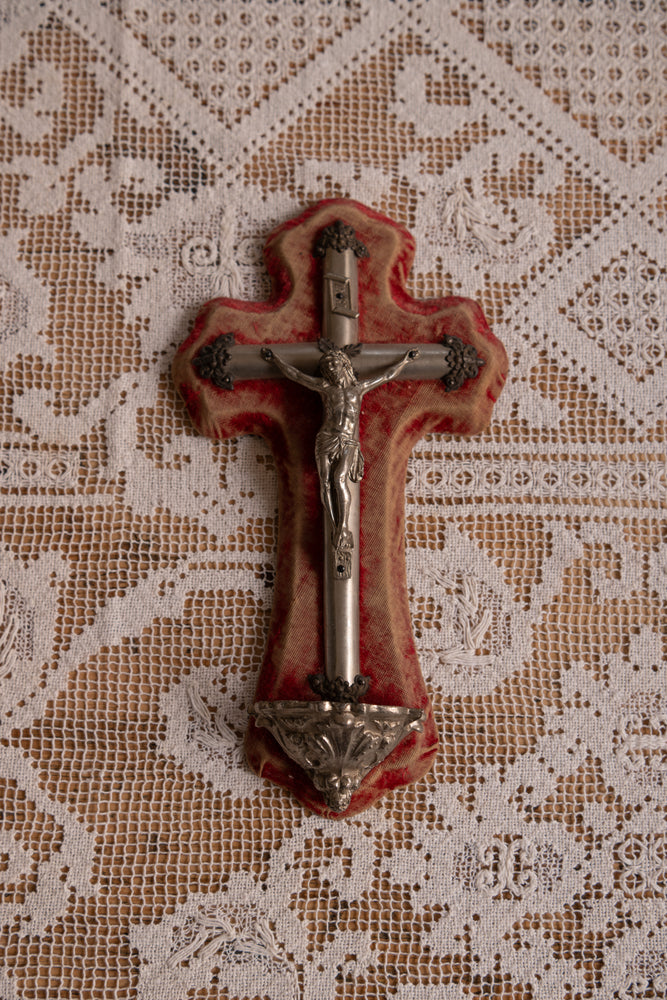 Antique red velvet & silver cross