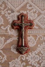 Antique red velvet & silver cross