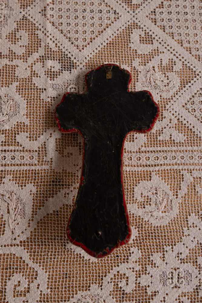 Antique red velvet & silver cross