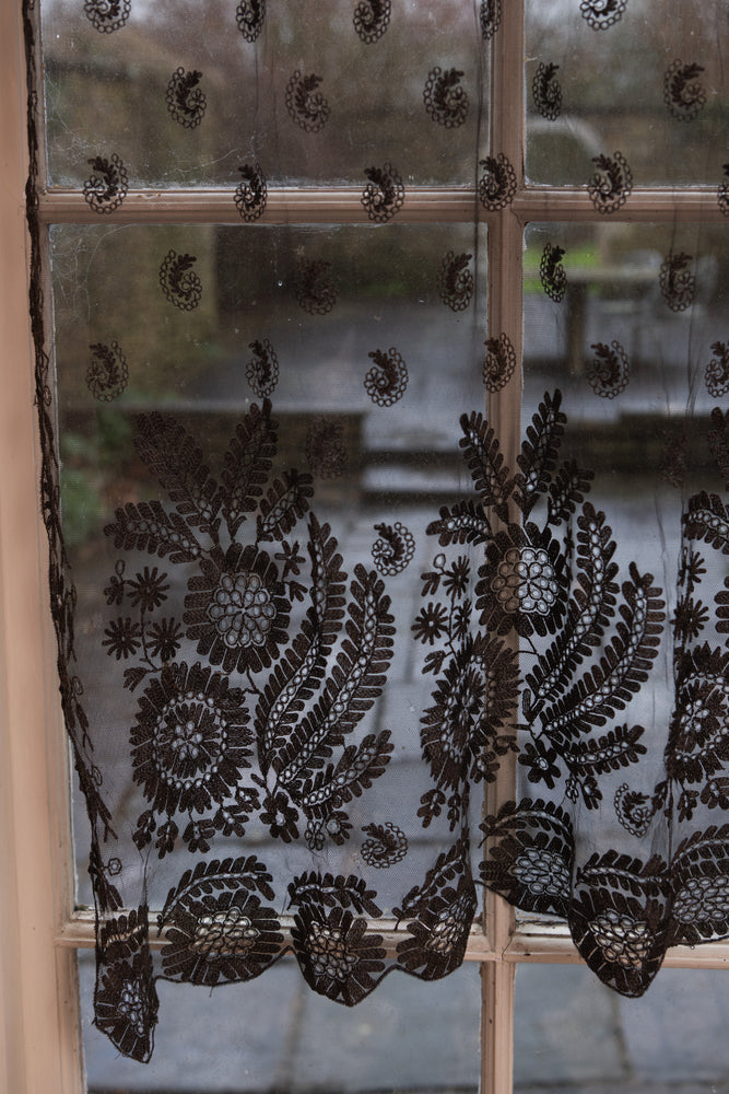 Antique black fine lace curtain panel