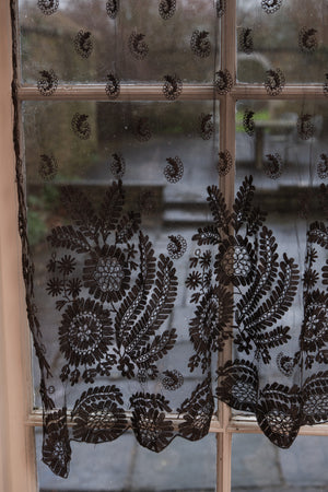Antique black fine lace curtain panel