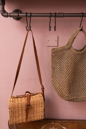 Basket bag with brown leather strap
