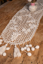Antique crochet table runner with tassels