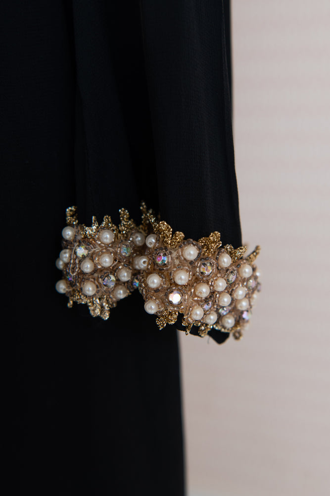 Black chiffon maxi dress with beaded collar and cuffs