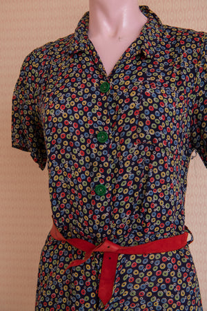Original 1940s floral cotton short suit with red suede belt