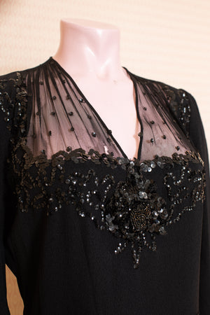 Original 1940s black crepe long sleeve dress