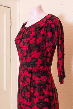 Vintage mini red floral dress with collar