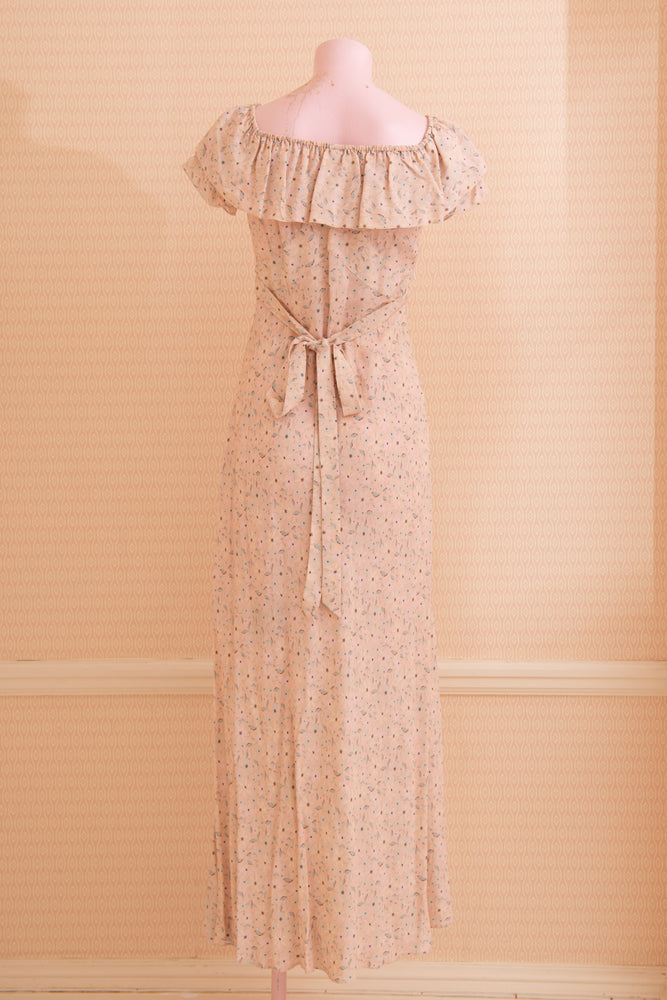 Vintage 1930s maxi crepe dress with ruffle sleeves