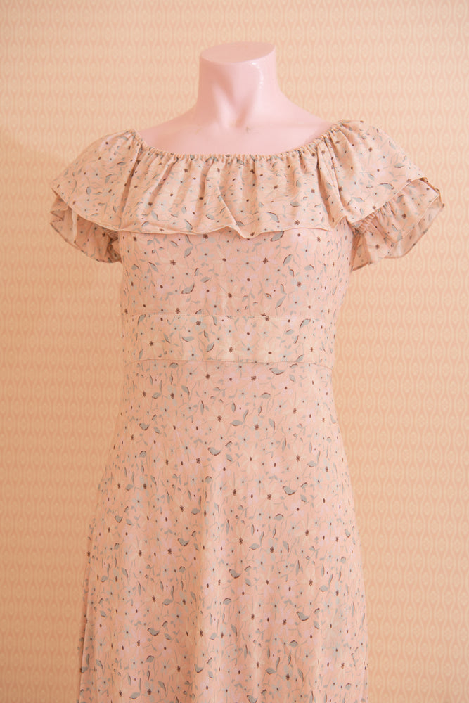 Vintage 1930s maxi crepe dress with ruffle sleeves