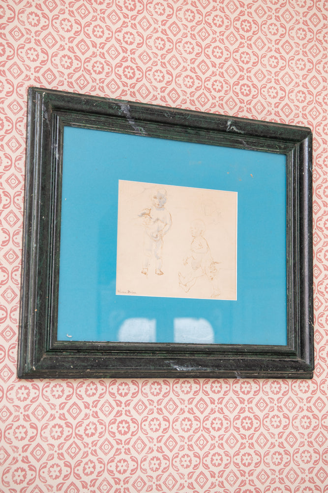 Antique child and baby drawing in marble frame