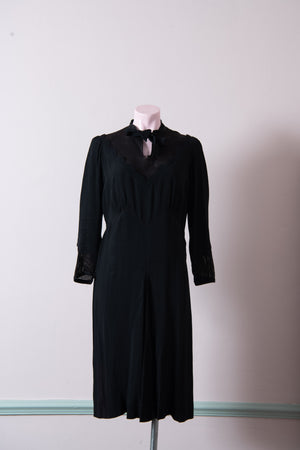 Original 1940s black crepe pussy bow knee length dress