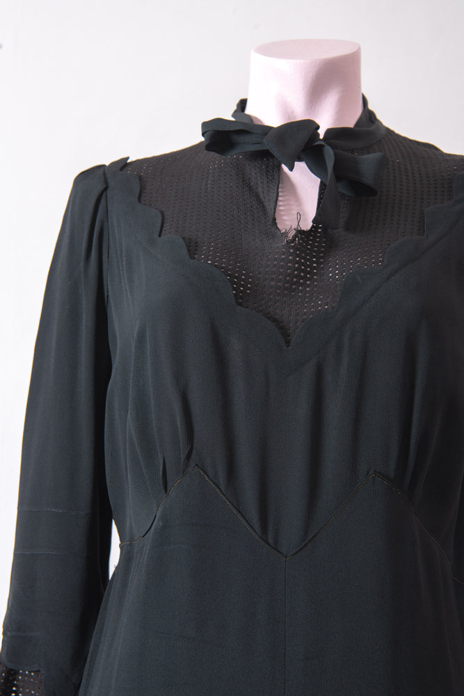 Original 1940s black crepe pussy bow knee length dress
