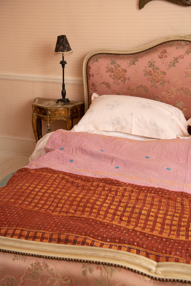 Antique Indian Pink Kantha Bedspread