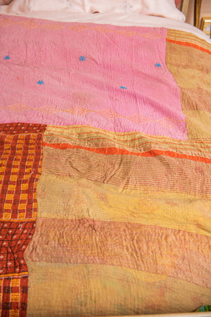 Antique Indian Pink Kantha Bedspread