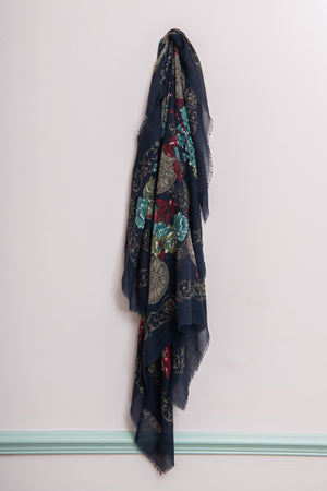 Navy Floral Wool Scarf
