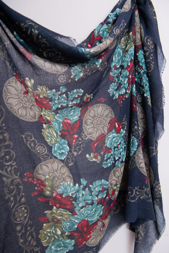 Navy Floral Wool Scarf