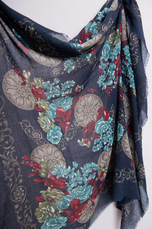Navy Floral Wool Scarf