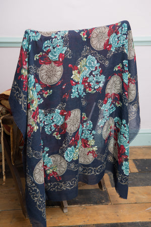 Navy Floral Wool Scarf