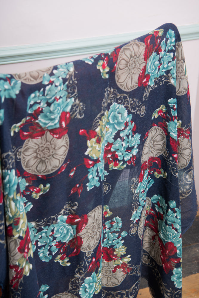 Navy Floral Wool Scarf