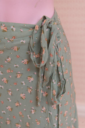 Vintage wrap floral green midi skirt