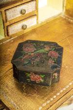 Antique black floral and bird tin